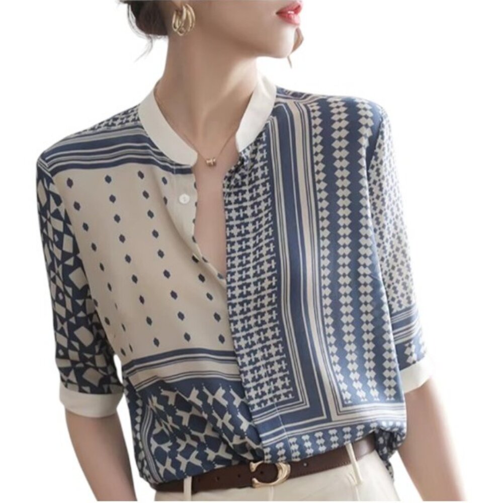 Classic Fashion Collection blue and white multi-patterned blouse size L